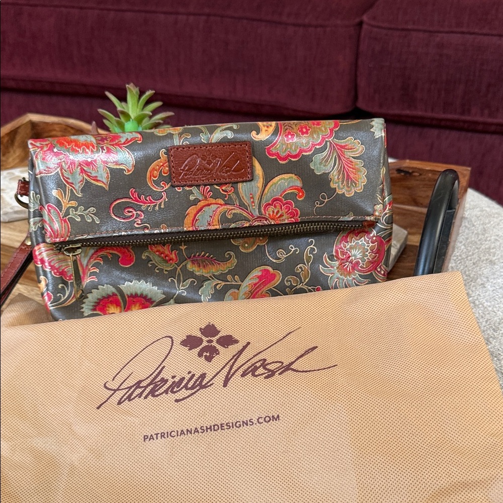 Patricia Nash Floral Fold-Over Clutch in Brown with Red and Green Accents